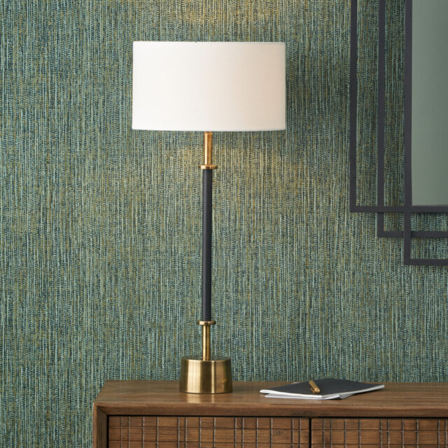 Bejan Black Croc and Antique Brass Metal Table Lamp Base with Henry 30cm White Handloom Cylinder Lampshade