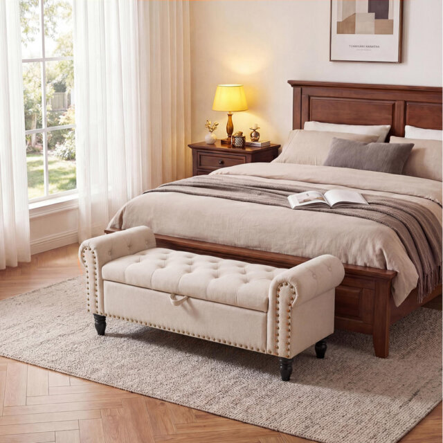 51in Bedroom Storage Bench for End of Bed, Upholstered Ottoman Bench with Button Tufted Design and Rolled Arms, Anti Cotton and Linen Entryway Bench w