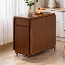 Foldable Dining Table and 4 Chairs Set, Solid Wood in Walnut with Storage Drawers and Casters