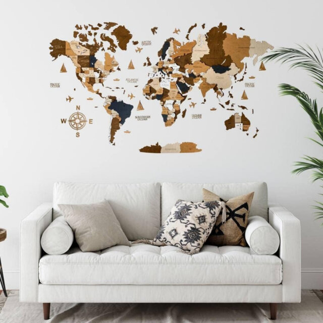 Wooden World Map 3D Art Large Wall Decor - Wall Art For Home, Kitchen or Office Brown