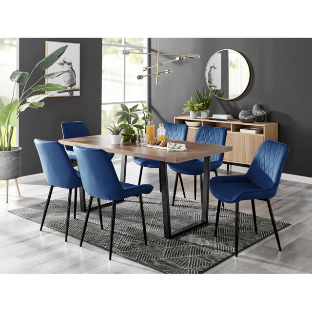Kylooe Modern Sleigh Style Dining Table Set With 6 Luxury Quilted Velvet Dining Chairs
