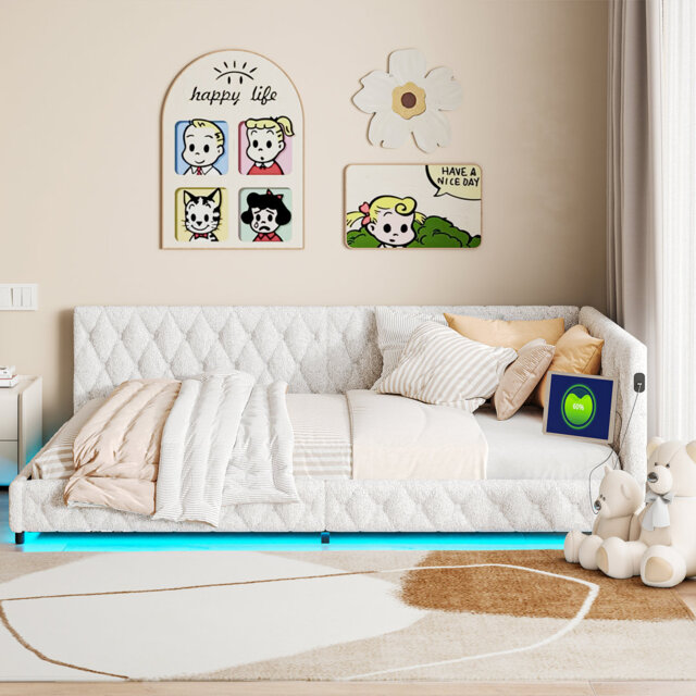 Teddy Fabric Upholstered Daybed With LED, USB & Type-C Charging Ports