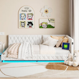Teddy Fabric Upholstered Daybed With LED, USB & Type-C Charging Ports