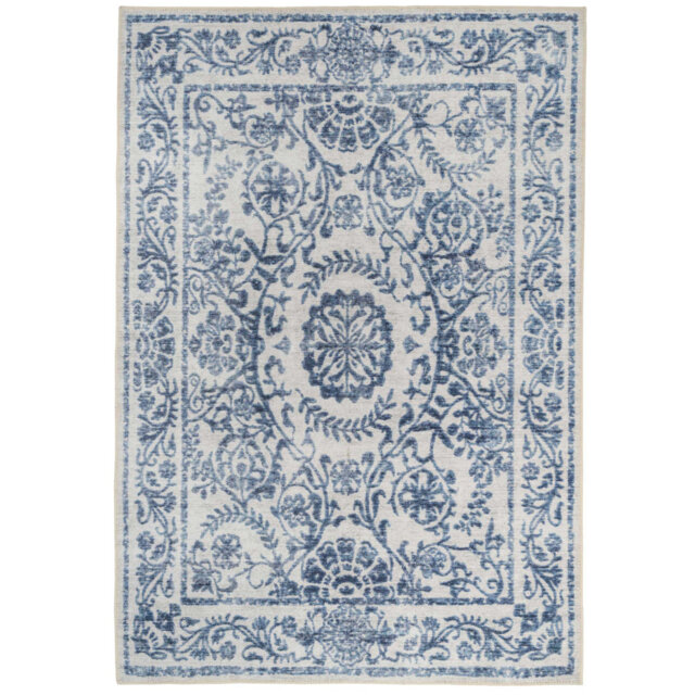 Machine Washable Beige Blue Traditional Damask Style Distressed Living Room Area Rug
