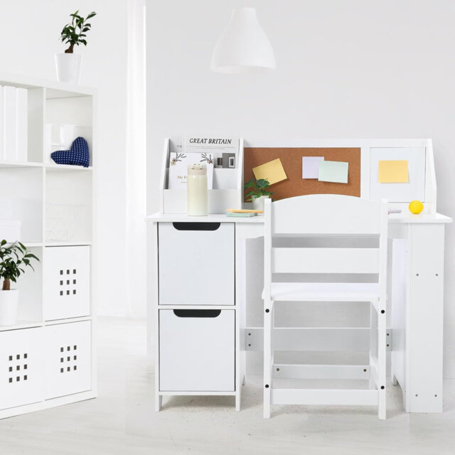 White Study Desk and Chair Set, Learning Desk for Kids - Features Bookshelf, Bulletin Board, Cabinets- Perfect for Children Ages 3-8