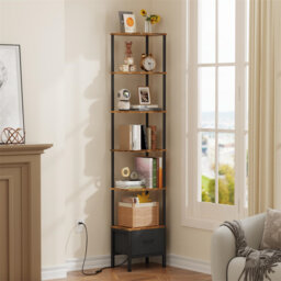 Corner Shelf With Fabric Drawer And LED Light, 6 Tier Narrow Bookshelf, Bookcase For Living Room Bedroom, Tall Narrow Shelving Unit