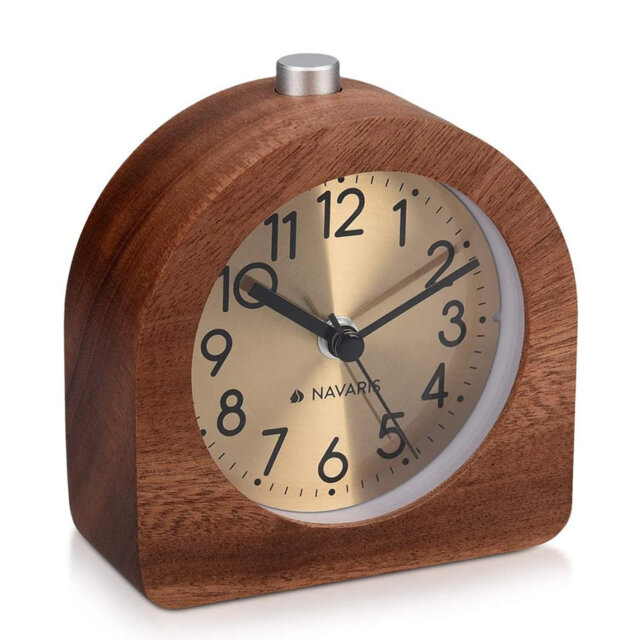 Wood Silent Non-Ticking Alarm Clock, Half-Round Gold Face, Snooze, Light, Dark