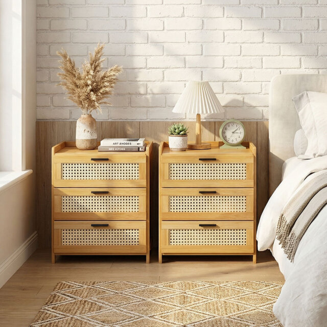 Set of 2 Wooden 3-Drawers Nightstands for Bedroom