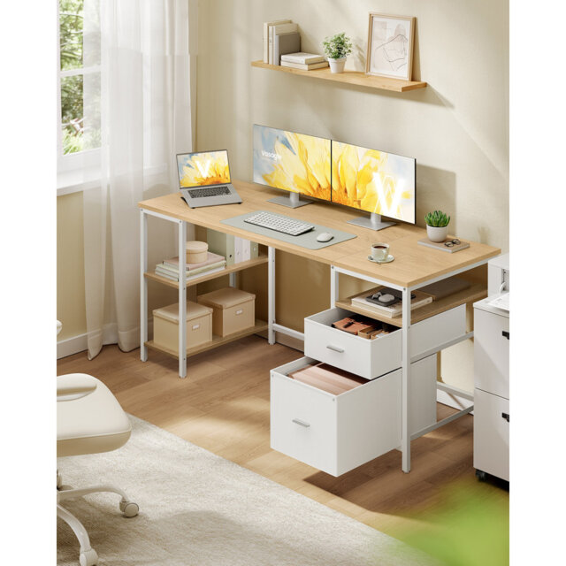 Computer Desk, Work Desk With Storage, 3 Shelves, 2 Drawers, 140 X 60 X 76 Cm, For Home Office, Living Room, Modern Style