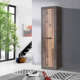 Rustic wardrobe with 1 door, coat rail, coat closet, engineered wood, concrete decor/vintage oak decor, 53.3 cm W x 191.1 cm H x 33.8 cm D