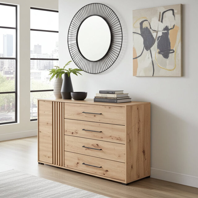 Asmara Oak Effect 4 Drawer Sideboard