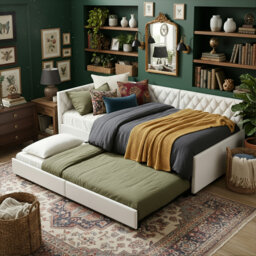 Velvet Corner Daybed With Trundle, Upholstered Guest Sofa Bed With Button Tufting, European Single (90X200cm) (Mattress Not Included)