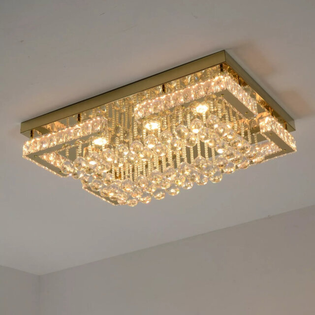 Duckett Chandelier-Crystal LED Ceiling Light, Modern Square Flush Mount Chandelier with Stainless Steel K9 Glass Droplets, Pendant Lamp for Dining Roo