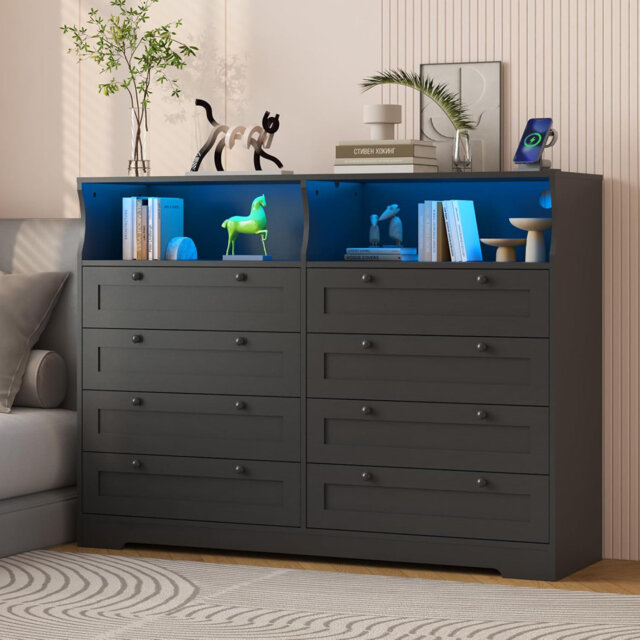 "55"" Wide 8-Drawer Dresser with Storage, LED & Charging Station"