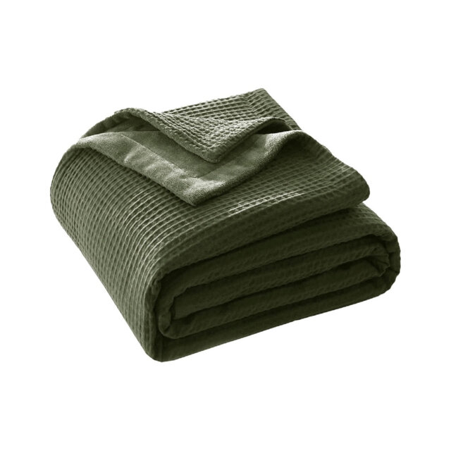 Cotton Waffle Blanket Double Size 150x200cm Double Layer Milk Velvet Cotton Waffle Weave,  Olive Green