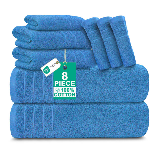 100% Cotton, 8 piece Towel set (2 x Bath Towels - 76x152, 2 x Hand Towels 40x71 , 4 x Face Towels 33x33) 450gsm