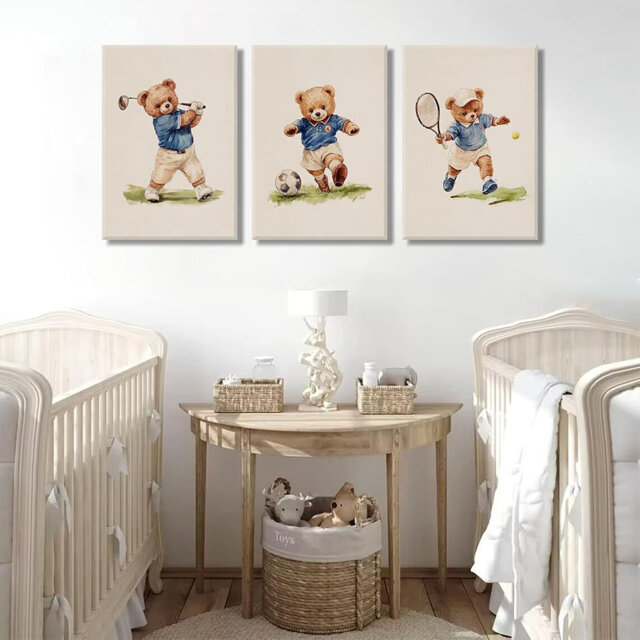 3 Pcs Nursery Teddy Bear Wall Art Kindergarten Boys Football Golf Sports Wall Decor Poster Print Cute Funny Animal Painting Pictures For Kids Bedroom