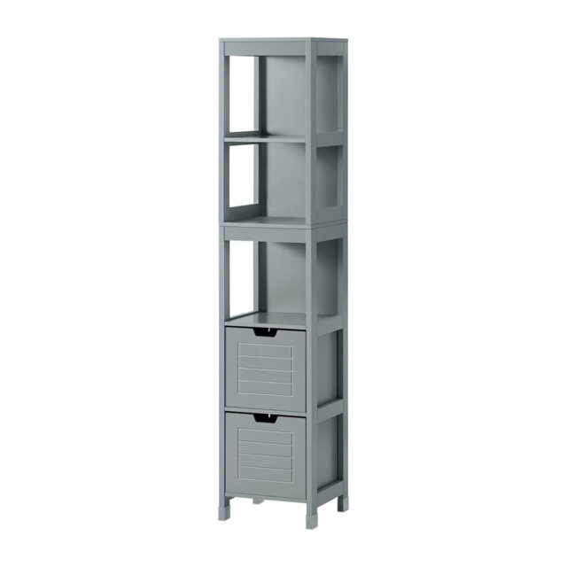 Slim Tall 3-Tier Shelves with 2 Drawers MDF Cupboard ,Freestanding Narrow Bathroom Cabinet
