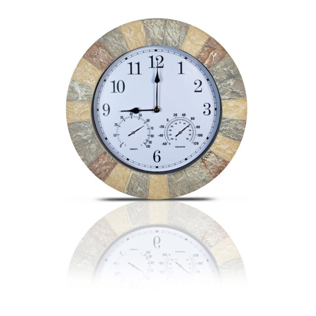 Sandstone Effect 13 Inch Outdoor and Indoor Wall Clock with Thermometer & Hygrometer