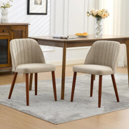 Modern Upholstered Dining Chairs Set of 2 – Linen Fabric, Padded Seat, Ergonomic Backrest, Sturdy Wood Legs – Versatile Accent for Dining Room, Kitche