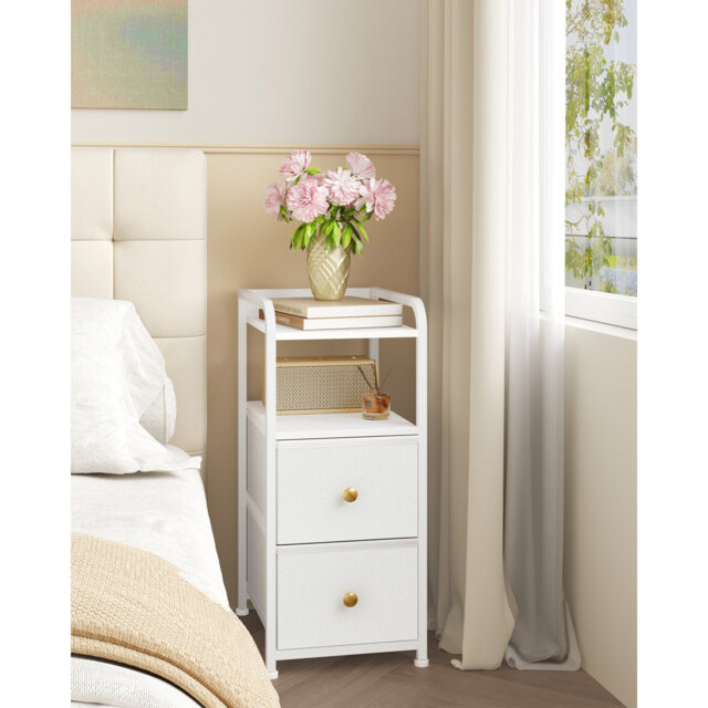 Slim Bedside Table Set of 2, Bedside Cabinet with 2 Fabric Storage Drawers, Narrow Side End Table with Open Compartment, Nightstand for Bedroom, Livin