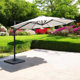 3.5m LED Cantilever Over Hanging Parasol - 56 LED strip lights This parasol is made using Polyester Fabric which has a Weather-Proof Coating & UPF Sun