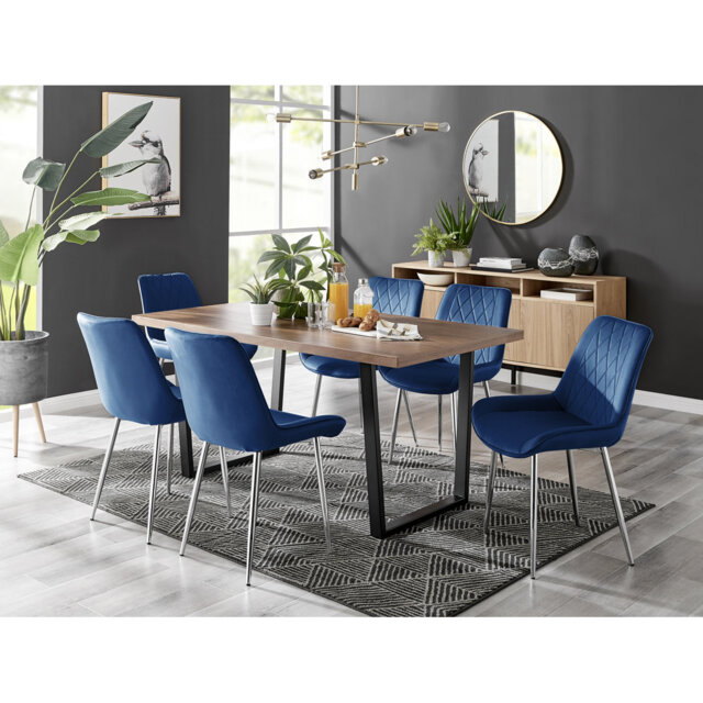Kylooe Modern Sleigh Style Dining Table Set With 6 Luxury Quilted Velvet Dining Chairs