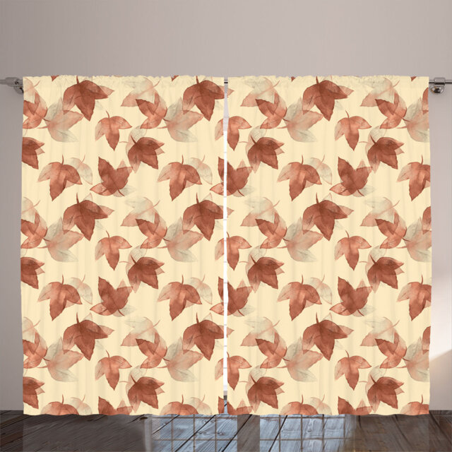 Rustic curtain, romantic leafy art, autumn leaves, cream pale chestnut brown