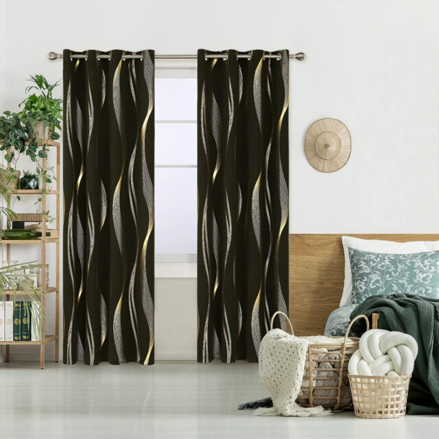Blackout Eyelet Curtains Gold Wave Line Foil Printed Curtains 168 x 229 cm Black 2 Panels