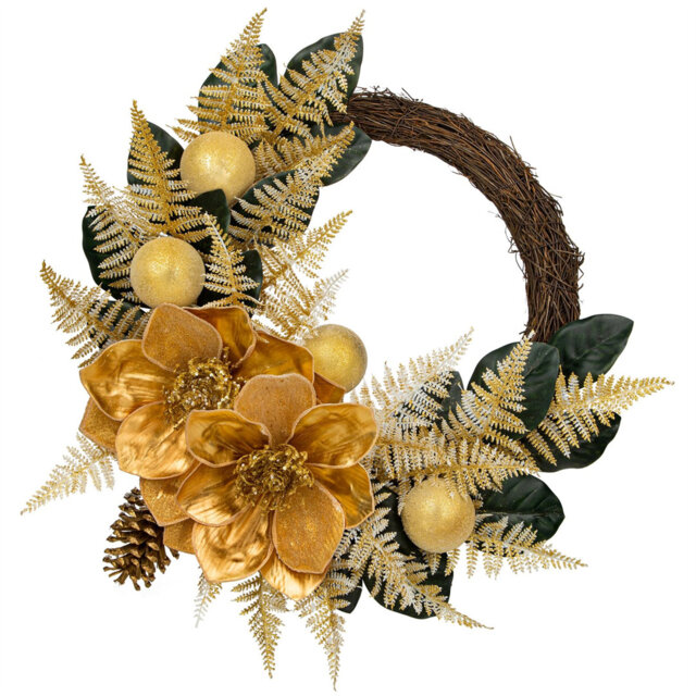 Wreath For Front Door - Handmade Artificial Door Wreath With Gold Magnolia Flower