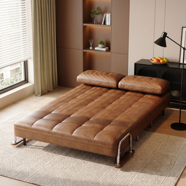 2 Seater Sofa Bed, 3-in-1 Convertible Folding Guest Bed with 5-Position Adjustable Backrest, Brown Faux Leather Loveseat, Double Sleeper Couch & Recli