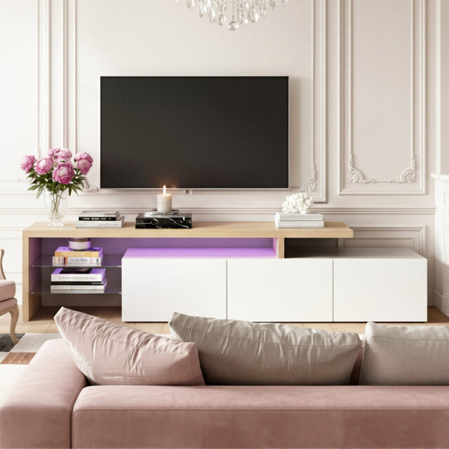 192.5Cm High Gloss TV Stand For Tvs Up To 85 Inches, Modern Media Console With LED Lights, 3 Cabinets & Glass Shelves, White & Oak