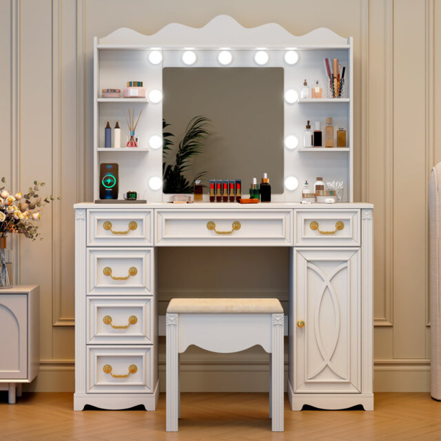 Dressing Table with 3-Color Lighting Mirror, Outlets, Stool, Storage Drawers and Cabinet