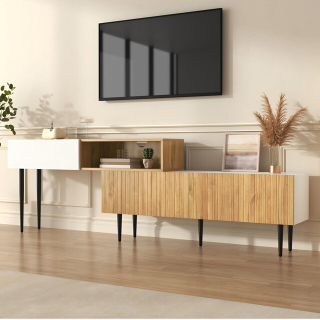 Tv Stand With Adjustable Length 130 - 220 Cm For Tvs Up To 65'' And 3 Doors White + Oak