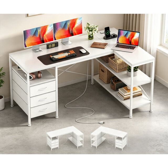 120 cm Corner Desk with Drawers, Reversible L-Shaped Computer Desk with Power Outlet & USB Charging Port, Home Office Desk, White