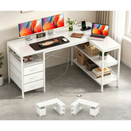 120 cm Corner Desk with Drawers, Reversible L-Shaped Computer Desk with Power Outlet & USB Charging Port, Home Office Desk, White