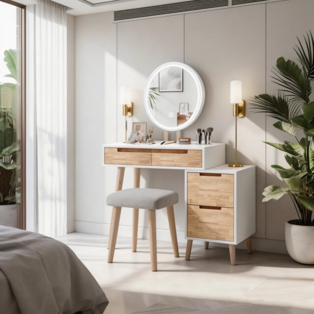 Dressing Table with LED Lighted Mirror, Makeup Vanity Desk with Stool and 2 Drawers Cabinet, 70CM Desktop Vanity Table