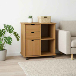 Rolling Cabinet With Wheel Solid Pine Wood Storage Office Home Wooden