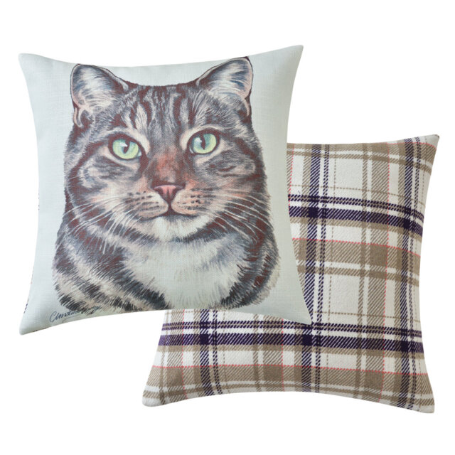 Tabby Cat Cushion Watercolour And Check Print. 43 X 43Cm