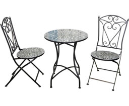 Leaf Mosaic Bistro Set with Folding Chairs, Ceramic Top Outdoor Table and Two Seat Garden Furniture for Patio and Balcony