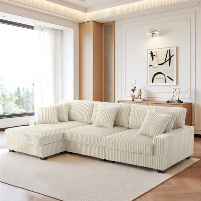 3 - Piece Upholstered Faux Rabbit Fur Flannel Modular Sectional Sofa with Armrests & Throw Pillows