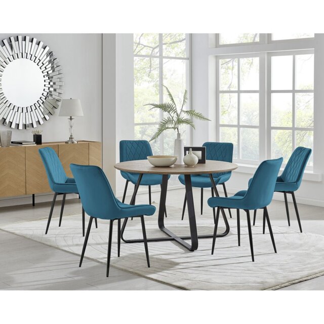 Sandy Classic Wood Effect & Metal Dining Table Set with 6 Luxury Velvet Dining Chairs