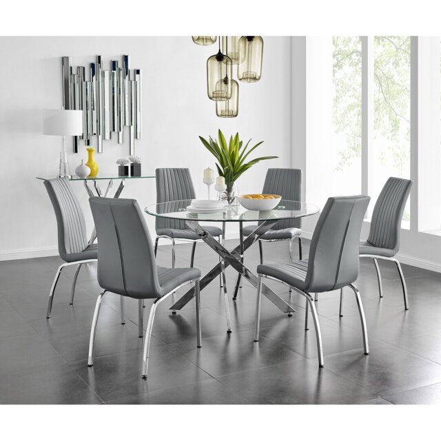 Tierra Modern Chrome Metal & Glass Round Dining Table Set with 6 Soft Touch Faux Leather Chairs