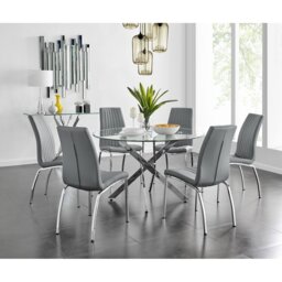 Tierra Modern Chrome Metal & Glass Round Dining Table Set with 6 Soft Touch Faux Leather Chairs