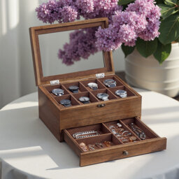 2 Tier Wood Watch Box with 8 Slots Large Glass Lid