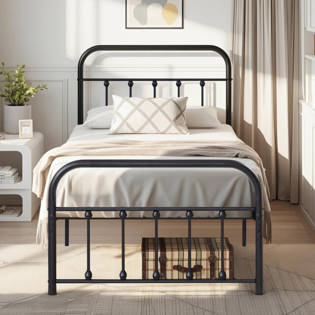 Single Double Size Metal Bed Frame with Headboard and Footboard, Victorian Style Platform Bed Frame, Mattress Foundation, No Box Spring, Black (Mattre