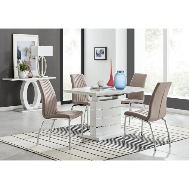 Renne Modern High Gloss Extendable Dining Table Set With 4 Soft Touch Faux Leather Dining Chairs