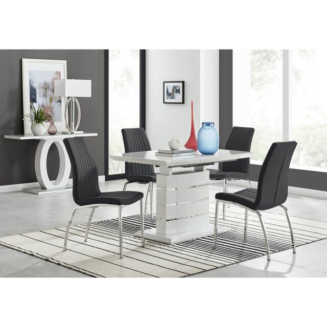 Renne Modern High Gloss Extendable Dining Table Set With 4 Soft Touch Faux Leather Dining Chairs