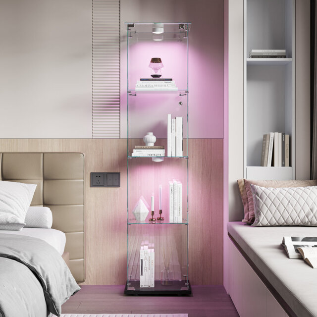 Frihart LED Glass Display Cabinet with Lockable Door, Curio Display Case for Collectibles, Books, Figurines and Home Décor