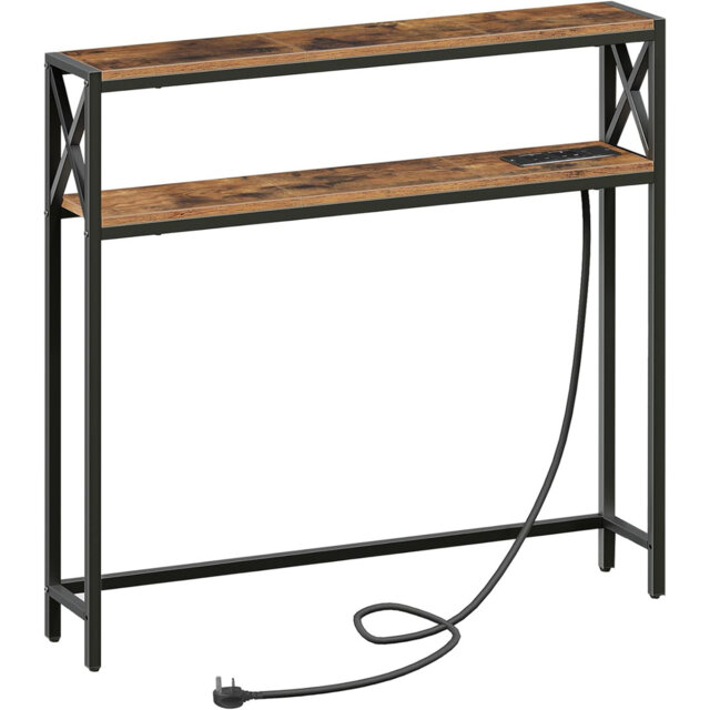 Narrow Sofa Table with Charging Station 100 cm Behind Couch Table Skinny Console Table with Outlet Rustic Brown and Black